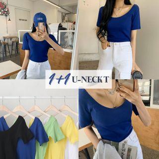 Set Of 2: Scoop-neck Ribbed T-shirt