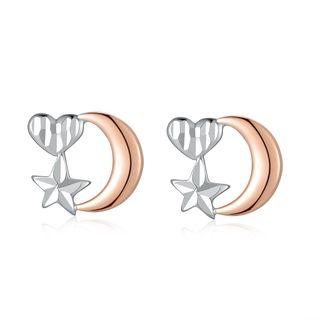 14k/585 Rose Gold Moon And White Gold Heart And Star Stud Earrings