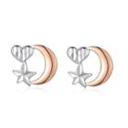 14k/585 Rose Gold Moon And White Gold Heart And Star Stud Earrings