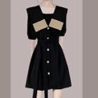 Set: Short-sleeve Button-up Midi A-line Dress + Belt