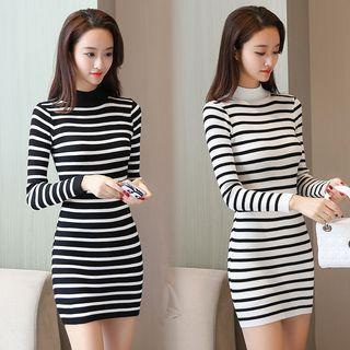 Striped Mock-neck Long-sleeve Knit Dress