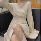 Long-sleeve V-neck Knit Mini A-line Dress Almond - One Size
