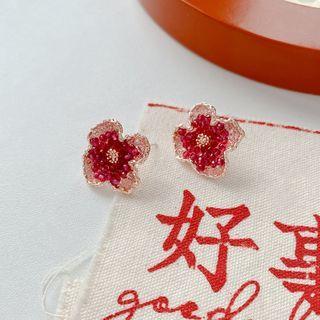Floral Stud Earring E4698 - 1 Pair - 925 Silver - Red & Gold - One Size