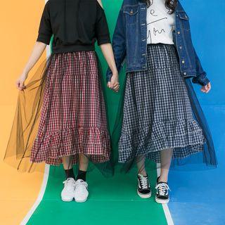 Check Ruffle-hem Tulle-overlay Midi Skirt