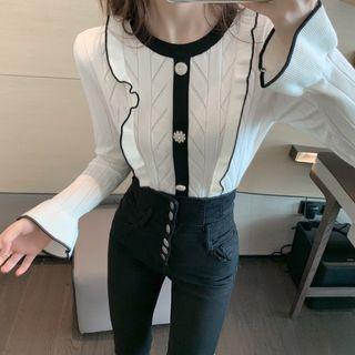 Contrast Trim Panel Ruffle Trim Bell-sleeve Knitted Top