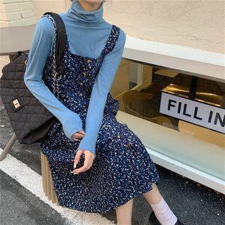 Long-sleeve Turtleneck T-shirt / Flower Print Midi Overall Dress