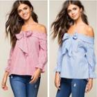 Long-sleeve Off-shoulder Bow-accent Blouse