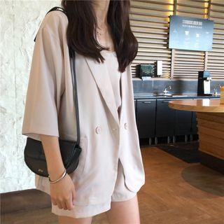 Plain Camisole Top / High Waist Shorts / 3/4-sleeve Single-button Blazer / Set