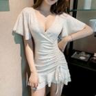 Flutter-sleeve Drawstring Mini Dress
