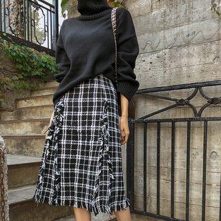 Set : Turtleneck Sweater + Fringed Plaid Skirt