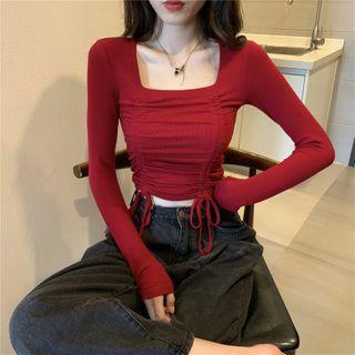 Square-neck Drawstring Ruched Long-sleeve Top