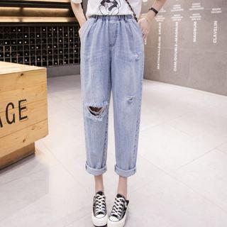 Band-waist Distressed Straight-cut Cropped Jeans