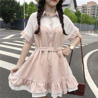 Short-sleeve Striped Panel Shirtdress With Belt