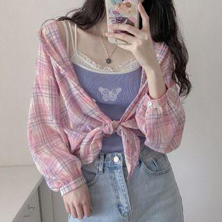 Plaid Shirt / Butterfly Embroidered Lace Trim Camisole Top