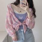 Plaid Shirt / Butterfly Embroidered Lace Trim Camisole Top