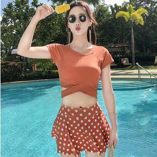 Set: Short-sleeve Swim Top + Polka Dot Swim Skirt