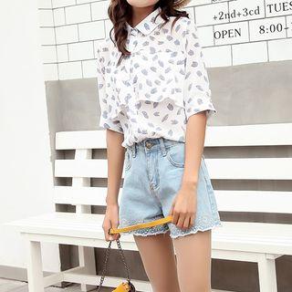 Leaf Print Elbow Sleeve Chiffon Blouse