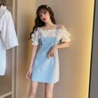 Short-sleeve Cold Shoulder Mock Two-piece Mini Sheath Dress