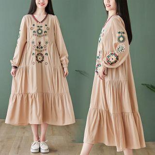 V-neck Embroidered Midi A-line Dress