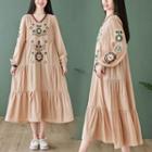 V-neck Embroidered Midi A-line Dress