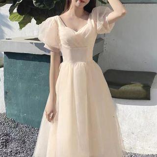 Short-sleeve Beaded A-line Evening Gown / Cocktail Dress