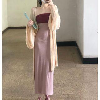 Puff-sleeve Long Cardigan / Two-tone Mesh Panel Tube Dress