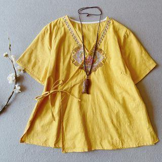 Short-sleeve Embroidered Wrap Blouse