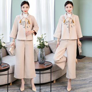 Set: 3/4-sleeve Embroidered Buttoned Jacket + Cropped Wide-leg Pants