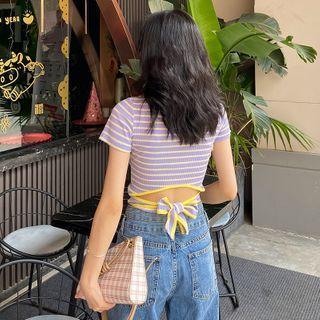 Short-sleeve Cutout Striped T-shirt Yellow Stripes - Purple - One Size