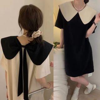 Elbow-sleeve Collar A-line Dress