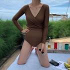 Plain Long-sleeve V-neck Swimsuit
