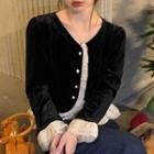 Two-tone Frill Trim Velvet Blouse Black - One Size