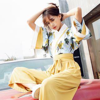 Flower Print Wide-sleeve Wrap Top / Cropped Wide-leg Pants