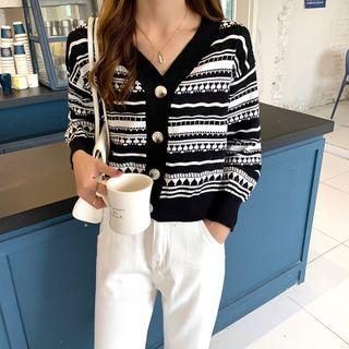 Long Sleeve V-neck Pattern Cropped Cardigan