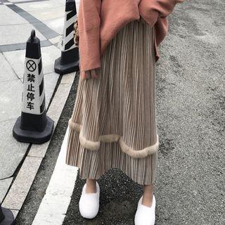 Faux Fur Trim Midi Accordion Pleated Skirt