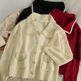 Glitter-trim Collared Loose Cardigan