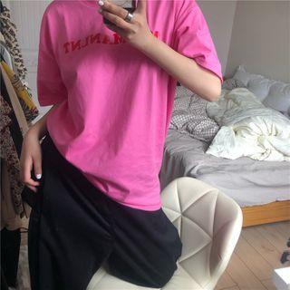 Lettering Elbow-sleeve T-shirt Rose Pink - One Size