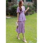 Bell-sleeve Foliage Long Layered Dress