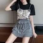 Mock Two-piece Short-sleeve Sequined T-shirt / A-line Mini Skirt