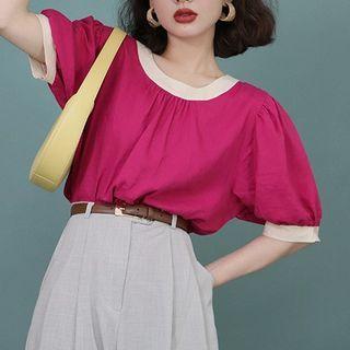 Short-sleeve Contrast Trim Top Fuchsia - One Size