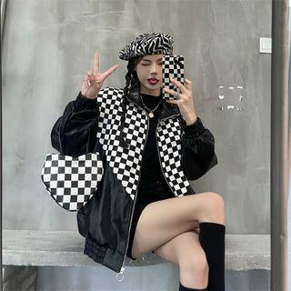 Checkered Panel Faux Leather Zip Jacket
