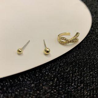 Set : Rhinestone Cuff Earring / Stud Earring 1 Pair - Gold - One Size