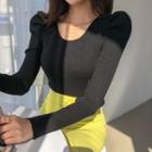 Puff-shoulder Fitted Rib-knit Top