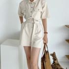Short-sleeve Belted Shirt Romper