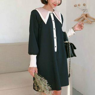 Color Block Long-sleeve Dress Black - One Size