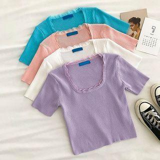 Plain Lace-trim Square-neck Short-sleeve Knit Top