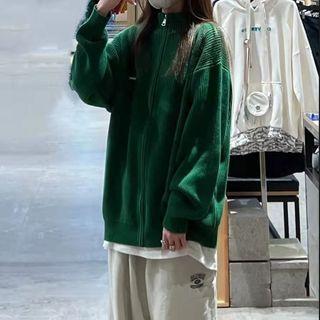 Long-sleeve Stand Collar Plain Knit Zip Jacket