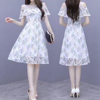 Cactus Print Cold-shoulder A-line Dress
