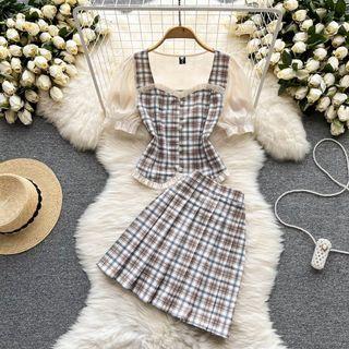Set: Sleeveless Plaid Top + Pleated Mini A-line Skirt