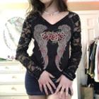 Rose Print V Neck Lace See Through Sleeve Top